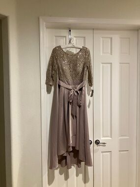 Sequin Lace Party Dress with Satin Skirt & Ribbon Belt, 14, Buff